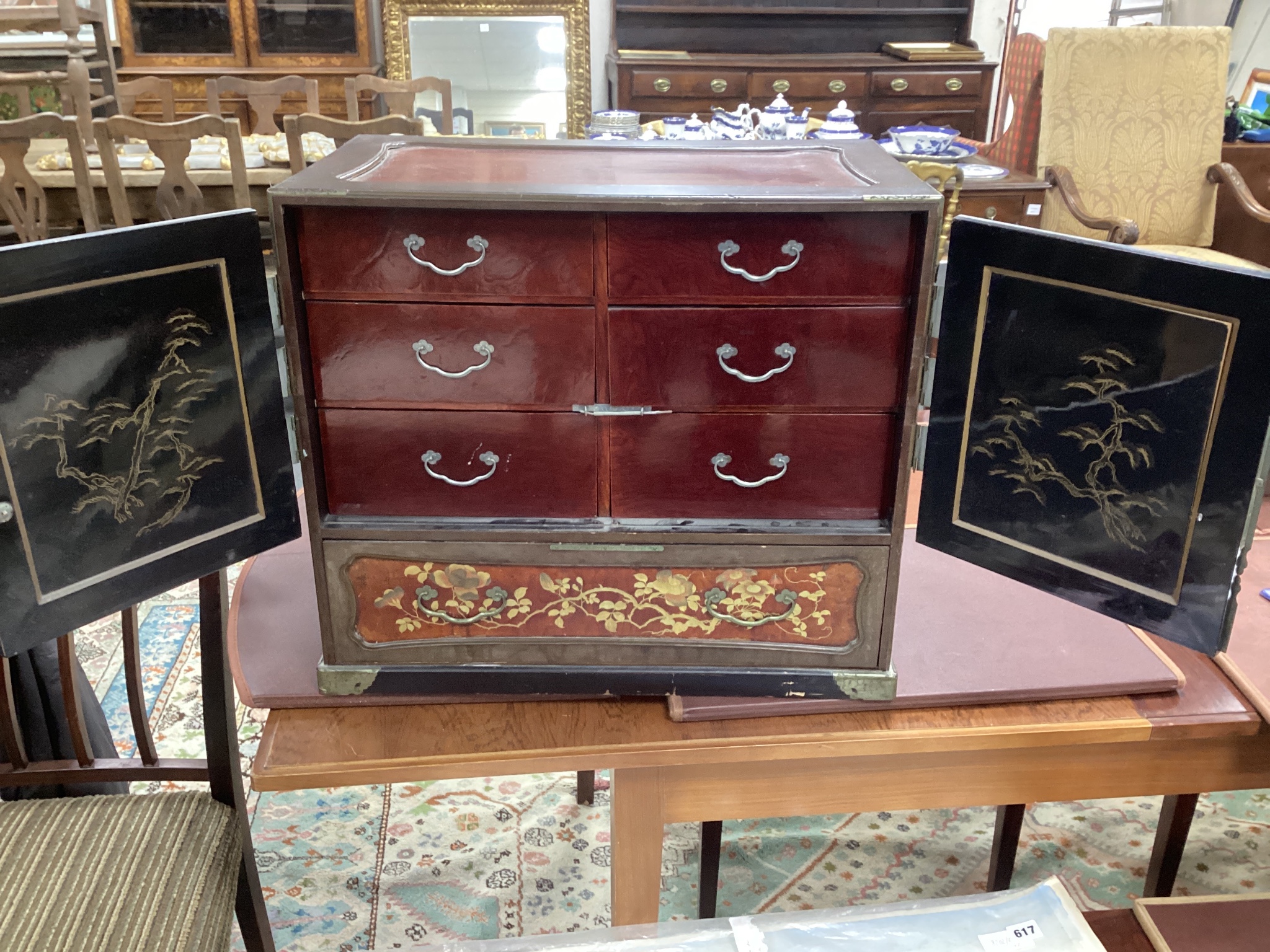 A Japanese Meiji period lacquer table cabinet, width 54cms, depth 32cms, height 48cms.